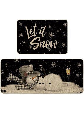 Let It Snow Snowflake Snowman Kitchen Mats Set of 2 - Christmas Decorative Rugs